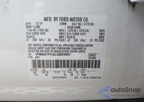 2020 Ford Explorer Limited from USA, damaged, VIN 1FMSK7FH2LGB55987